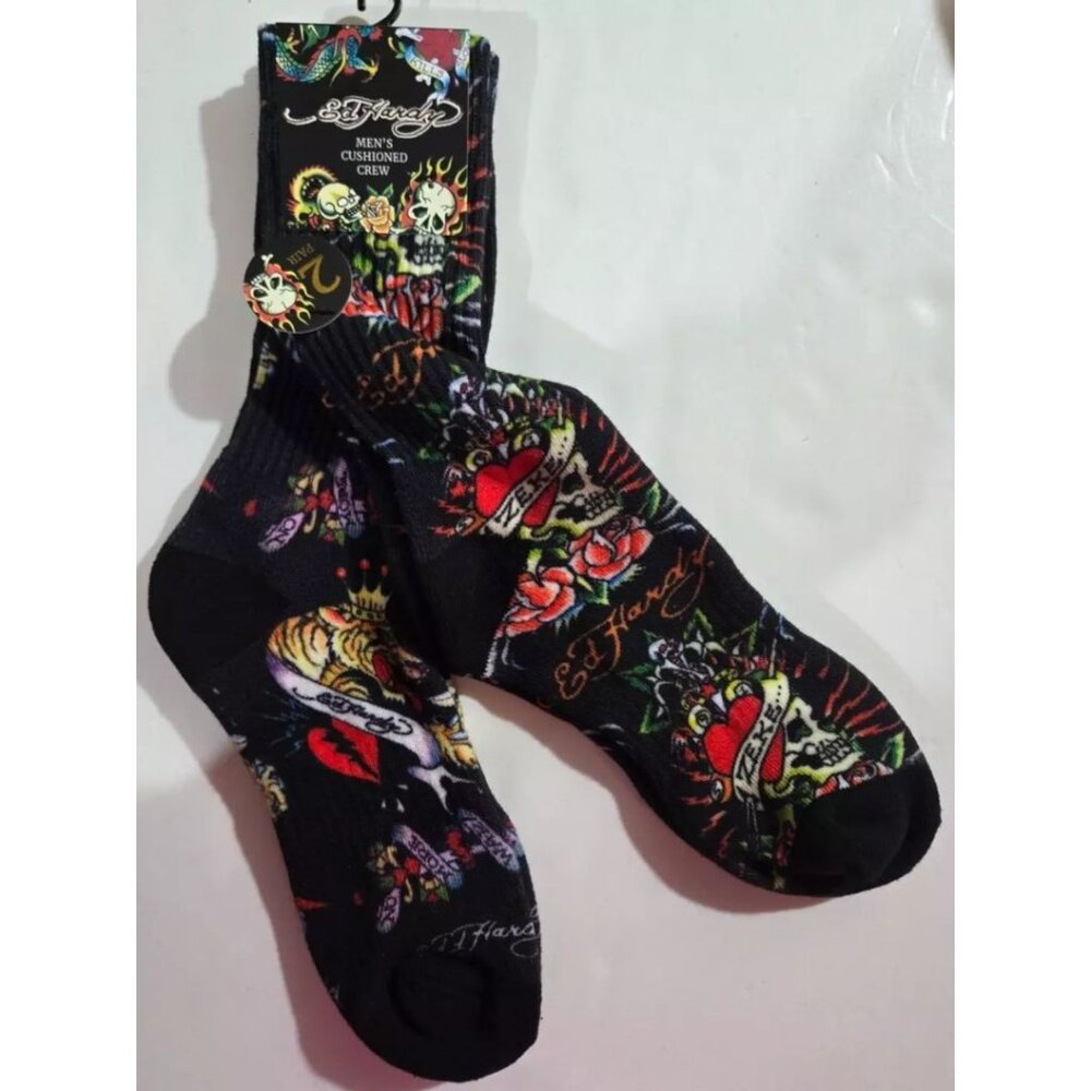 Men's Ed Hardy Socks Fully Cushioned Crew Logo 2 pack Zeke Skulls Heart NEW NWT